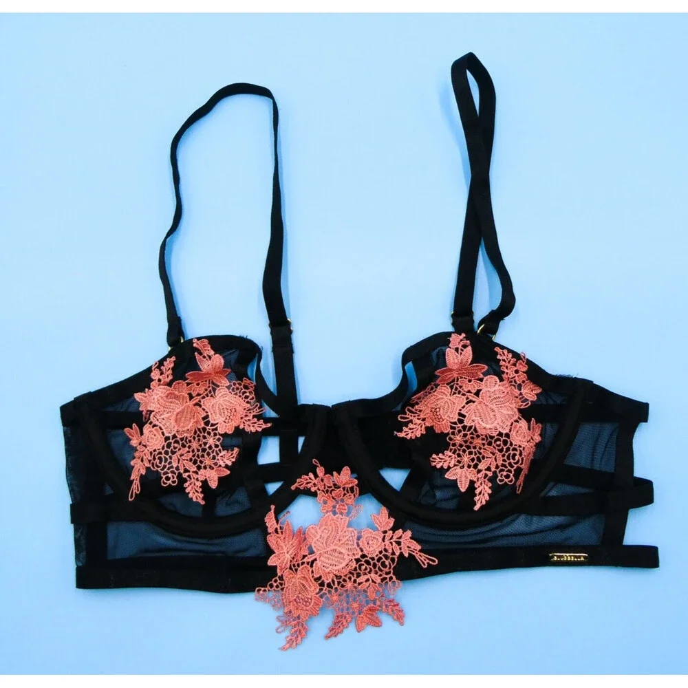 Bluebella 32B Lingerie Bra Semi‎ Transparent Mesh Black Balconette Orange Floral